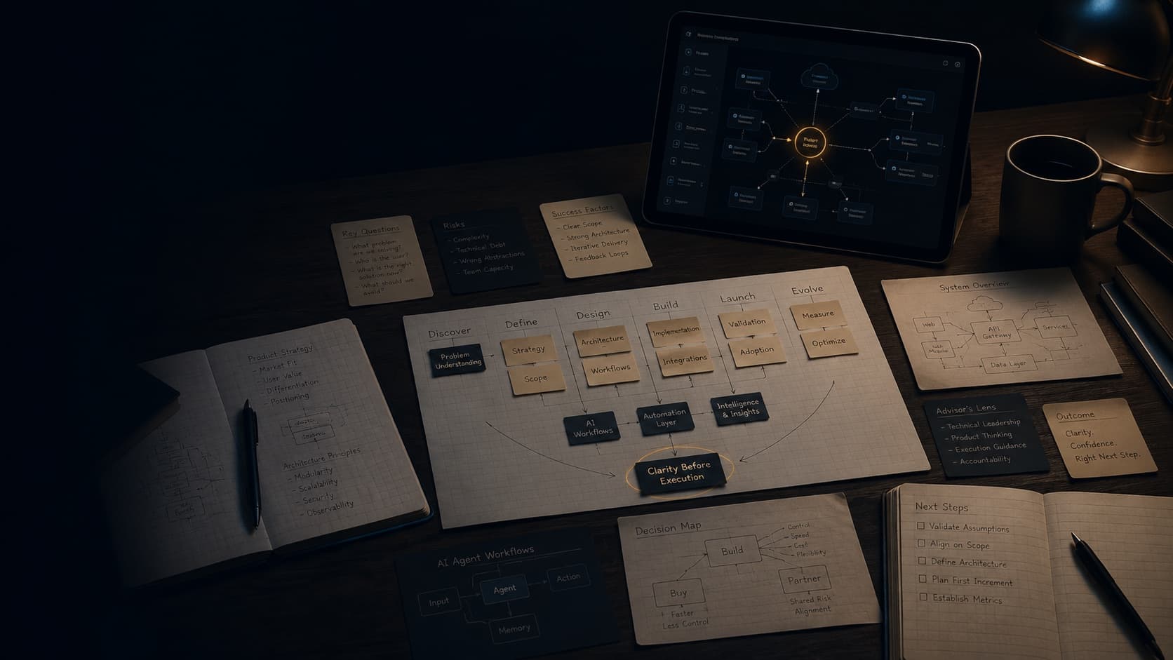 Strategic advisory workspace with decision maps, product planning notes, AI workflow diagrams, and technical architecture sketches.